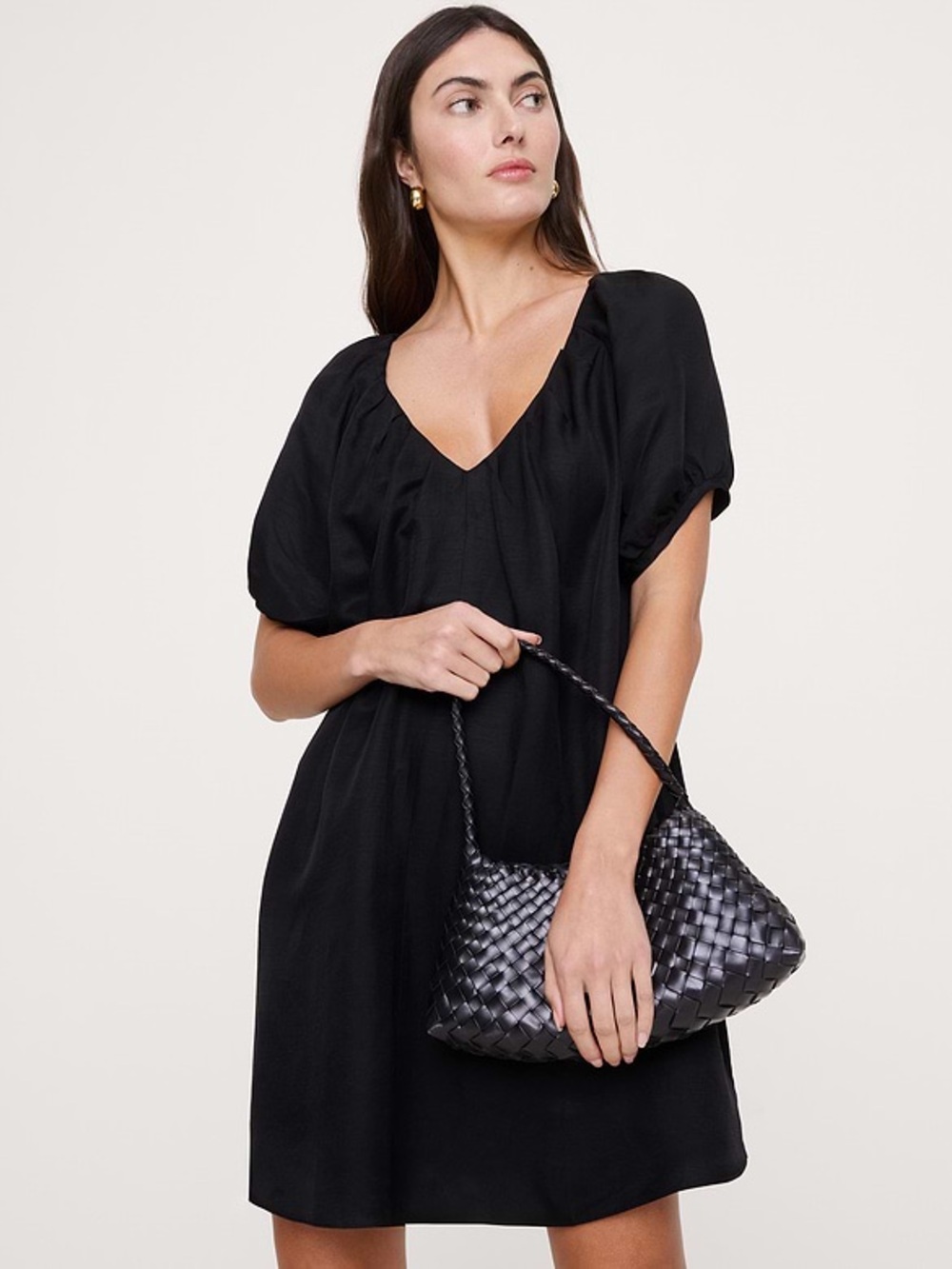 Banana Republic Black VISCOSE-LINEN PUFF-SLEEVE MINI DRESS - Picture 1 of 6